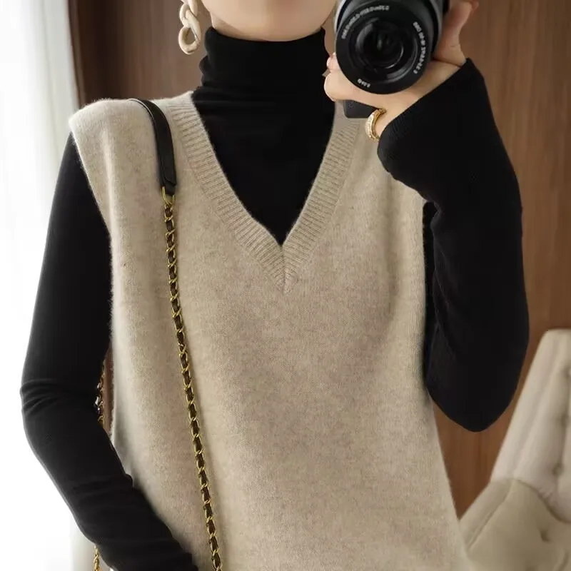 الأساسية 70% ميرينو الصوف المرأة سترة الخريف الشتاء سترة الصلبة الخامس الرقبة بلوفر مغزول أكمام الملابس بلايز الكشمير الفانيلة