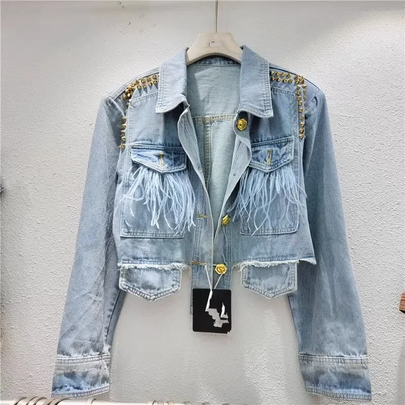 Koreanische Frauen Vintage unregelmäßige Nieten Jeans mäntel blau Langarm Einreiher Federn kurze Jeans jacke Outwear Streetwear