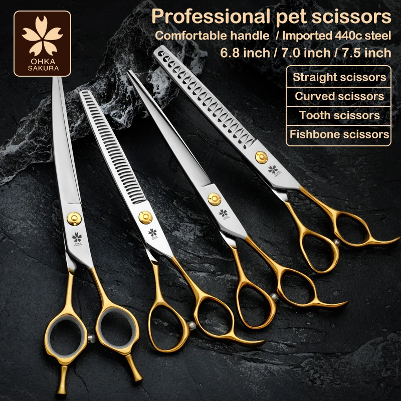 Professional Pet Scissors, Gold Handle, Curved Scissors, Twisted Scissors, Teddy Dog Beauty Shop Hair Scissors Set