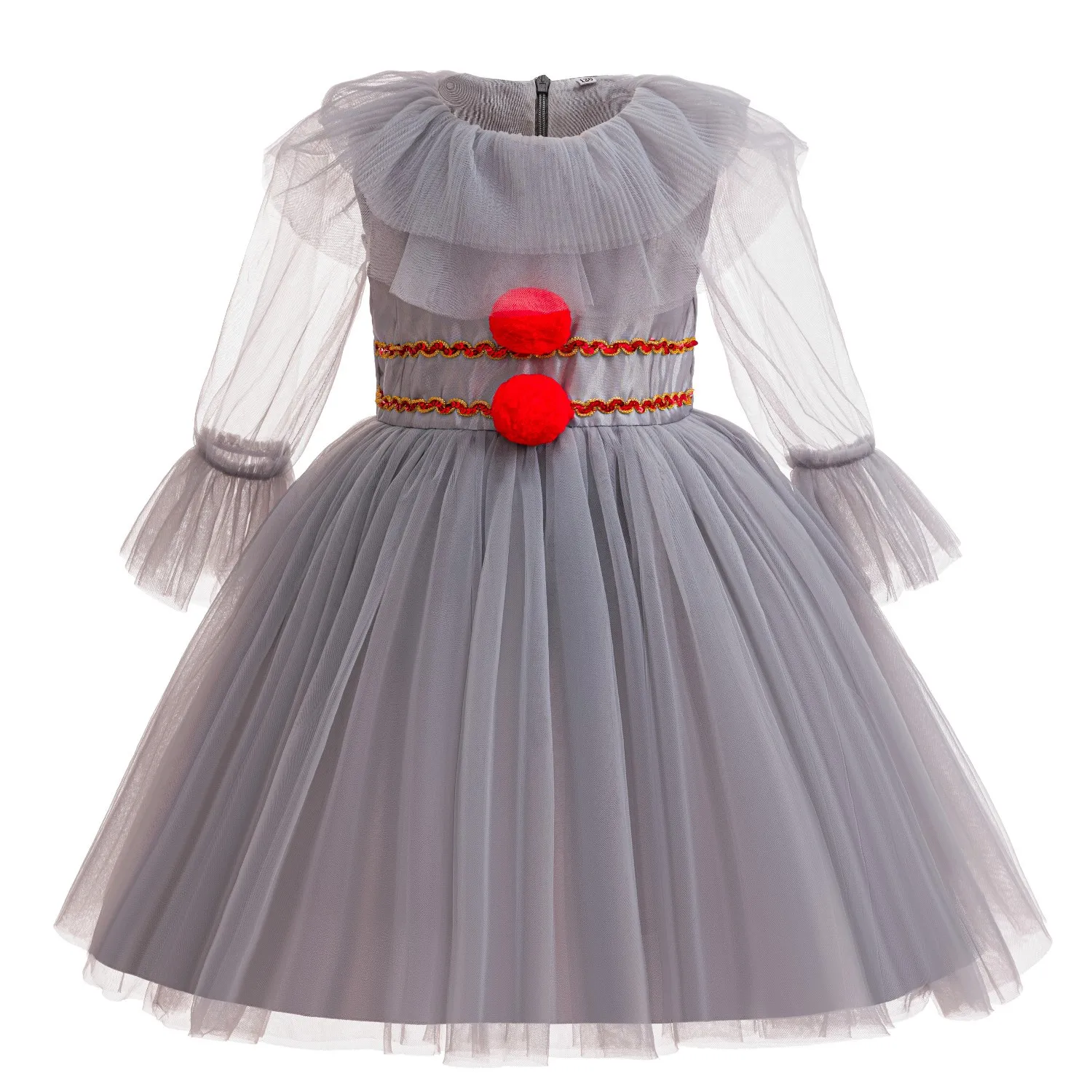 Girls Pennywise Clown Dresses Cosplay Costume Fancy Dress Bodysuit Role-Play IT Red Pom-Pom Halloween Reading Books Day Playwear