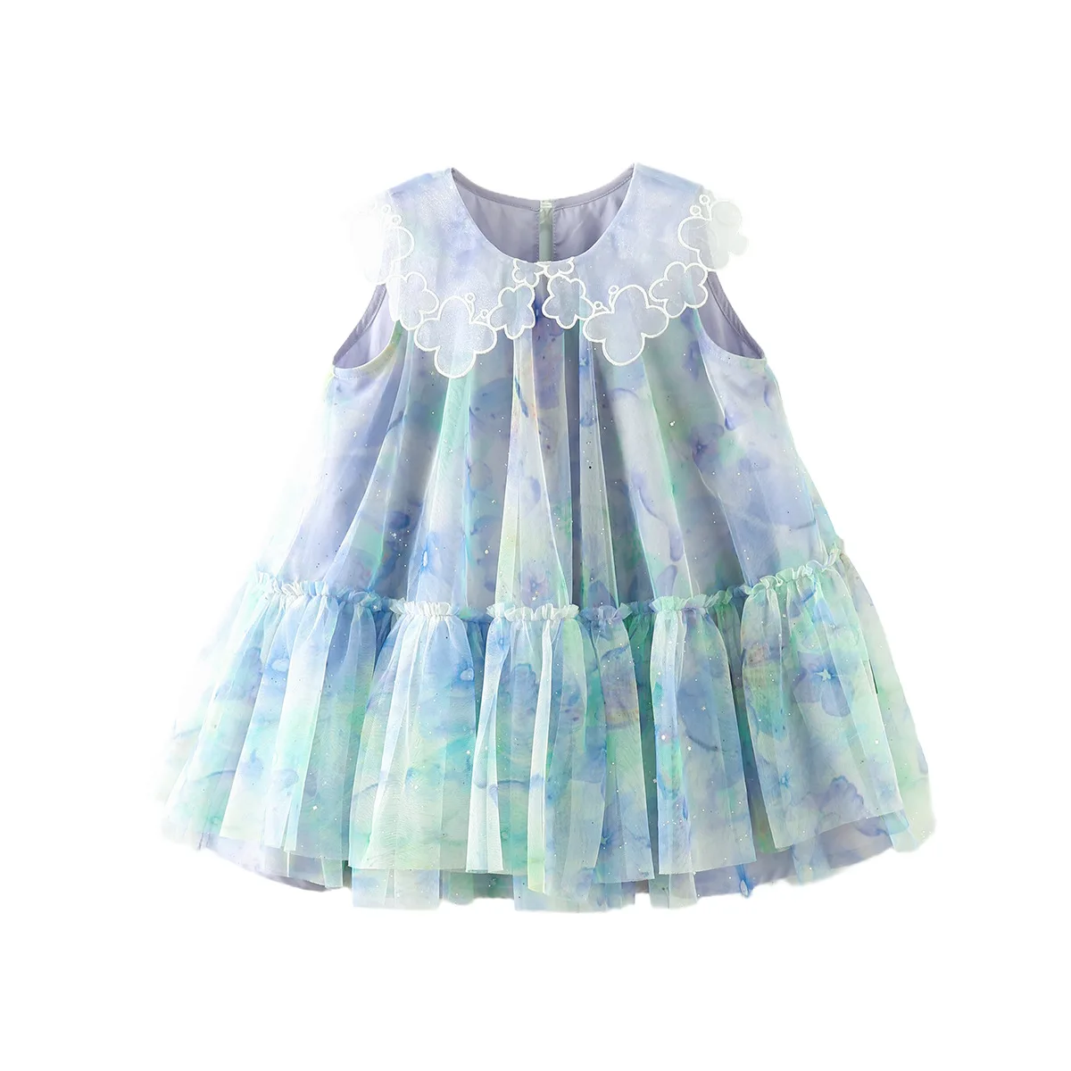 Vestido da menina do bebê 2024 verão novas meninas rendas lapela sem mangas saia completa impressão camada de malha princesa moda vestidos bonitos