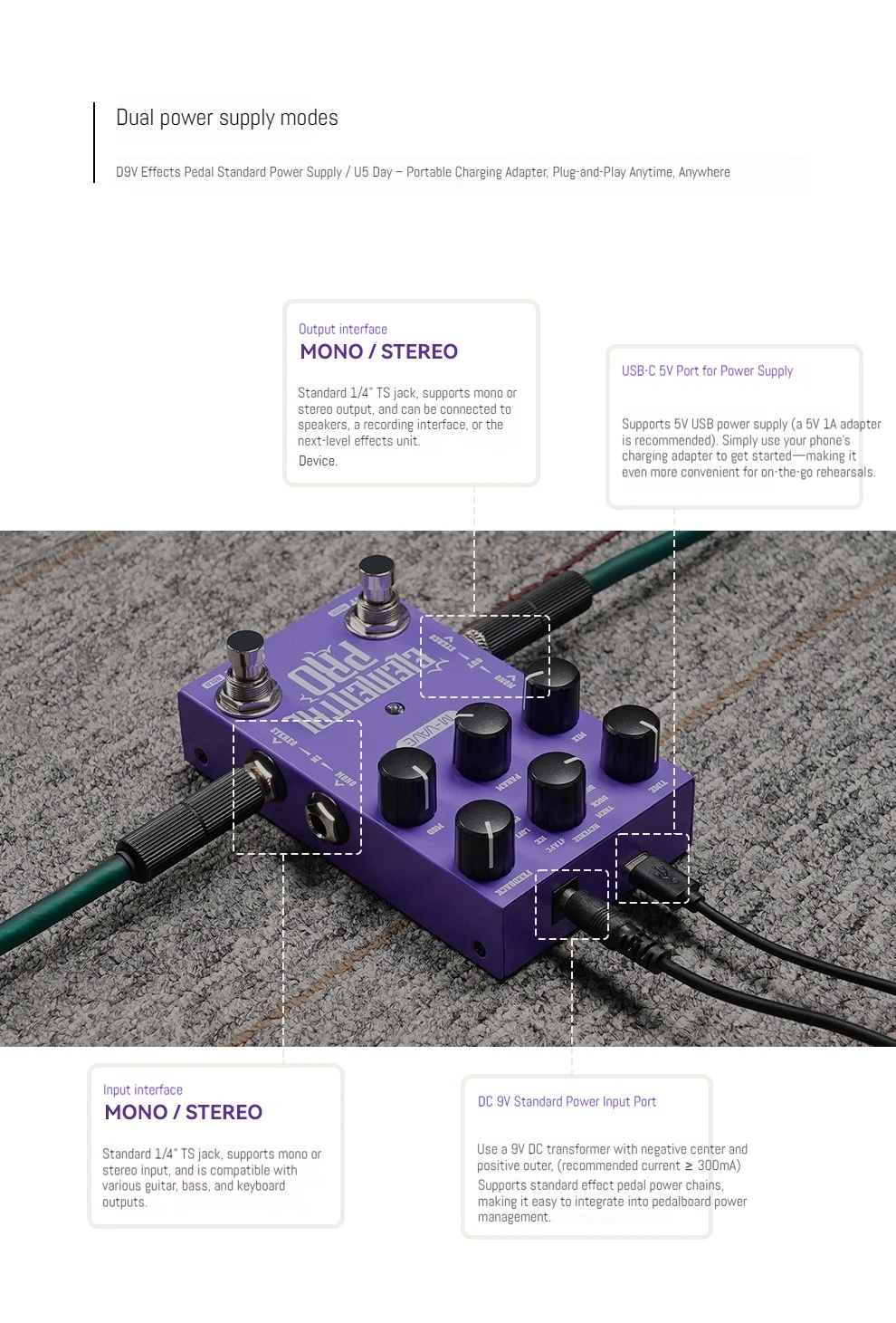 M-VAVE ELEMENTAL PRO Digital Delay Effects Pedal 10 Premium Delay Algorithms Unique Echo Dual Power Support For Guitar Bass ﻿ - view 3