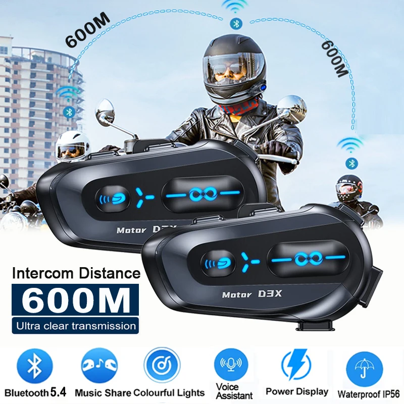 600M Half Duplex Motorcycle Intercom Bluetooth Helmet Headset V5.4 Waterproof Music Sharing Interphone Support Voice Assistant
