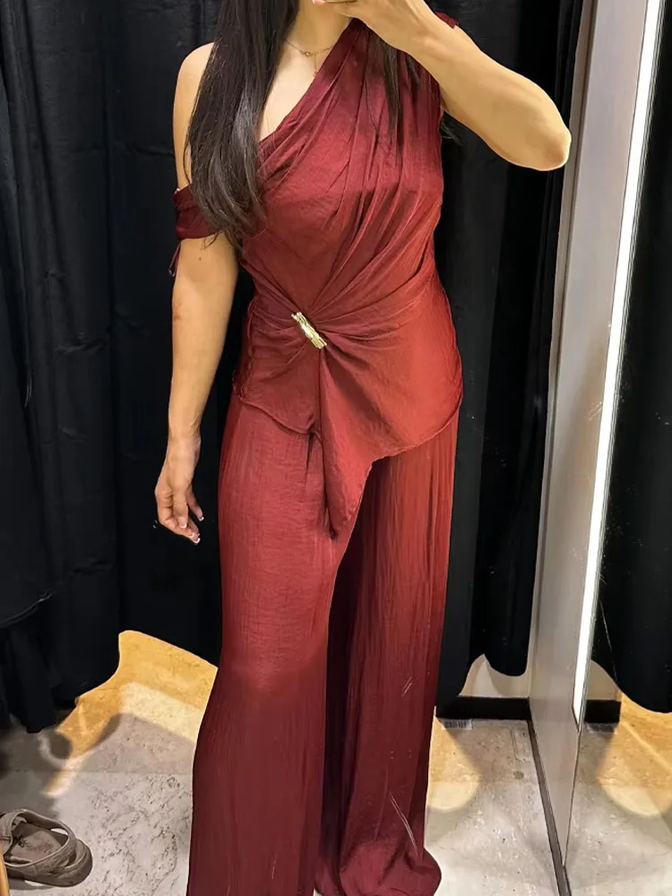 HH Women Fashion Solid Pants Suit Dew Shoulder Golden Button Sleeveless Short Top+High-Waisted Pleated Wide Leg Long Pant