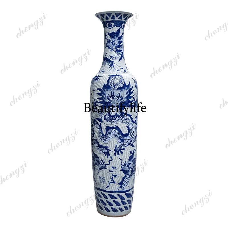 Carved blue and white porcelain dragon pattern floor-to-ceiling large vase Jingdezhen Ceramic Living Room Hotel Company ornament