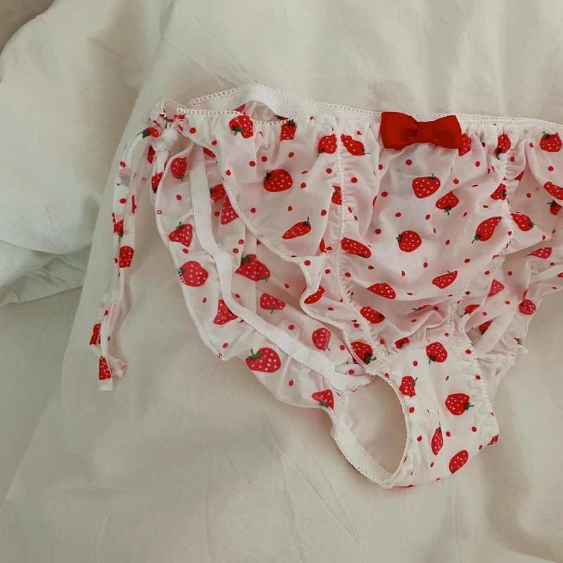 SP&CITY Strawberry Printed Cute Bow Sexy Women\'s Underwear Sweet Girl Milk Silk Breathable Panties Cotton Crotch Ruffle Briefs