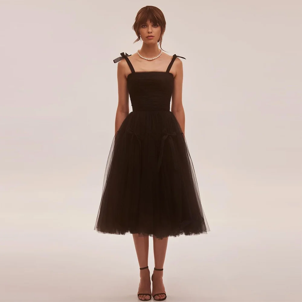 

Sevintage Black Tulle Prom Dresses Bow Straps Sleeveless Pleat Ruched Tea-Length A-Line Evening Gowns Formal Party Dress 2023