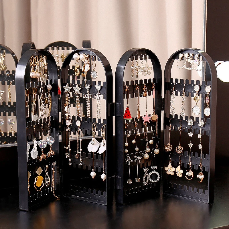 Folding Earrings Studs Display Rack Necklace Jewelry Shelf Stand Holder Panels Screen Organizer Storage Box