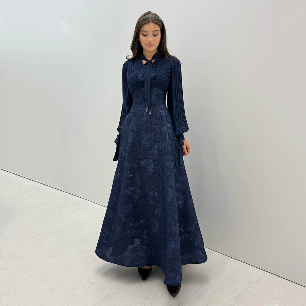 

Простые темно-синие вечерние платья трапециевидной формы с v-образным вырезом по индивидуальному заказу, плиссированные аппликации и длинные рукава, вечернее платье трапециевидной формы до щиколотки, платье для выпускного вечера