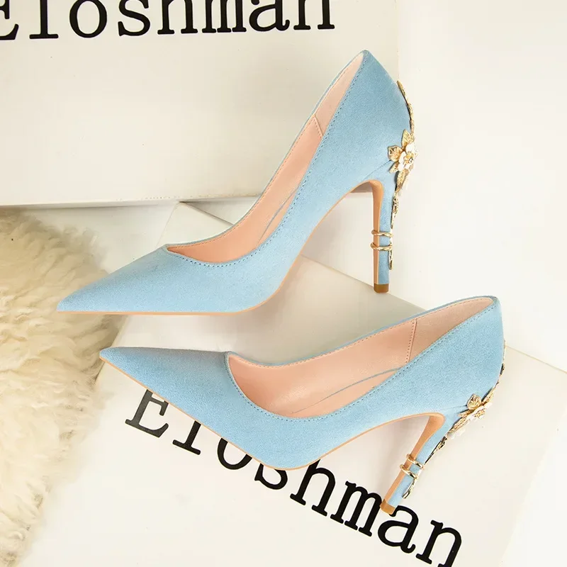 High End Metal Flower High Heels New European American Fashion Luxury Sexy Pointed Women's Shoes Banquet Party Casual Shoes