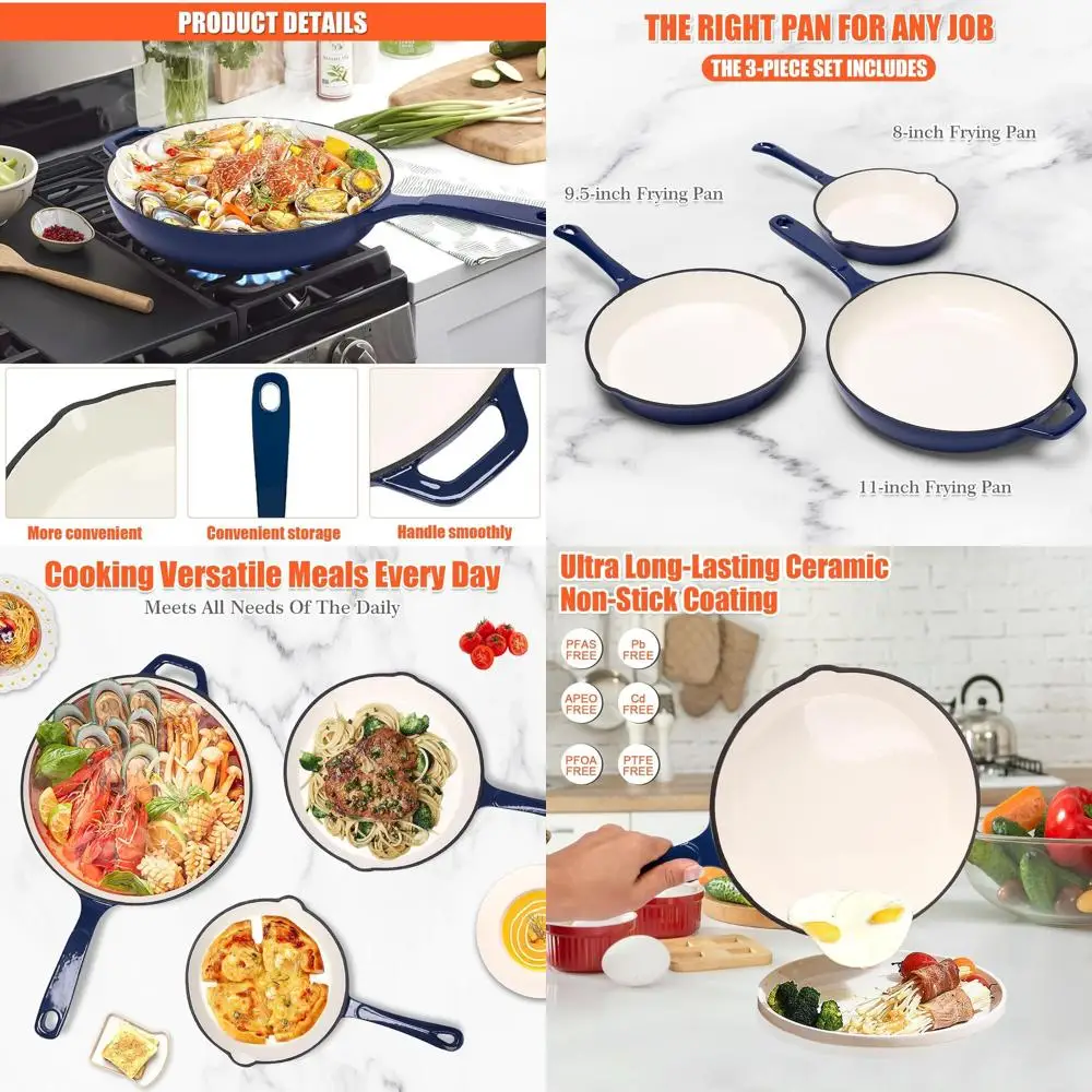 

Enameled Cast Iron 3-Piece Set: 8, 9.5 & 11 Skillets, Non-Toxic, PFOA-Free, Navy Blue