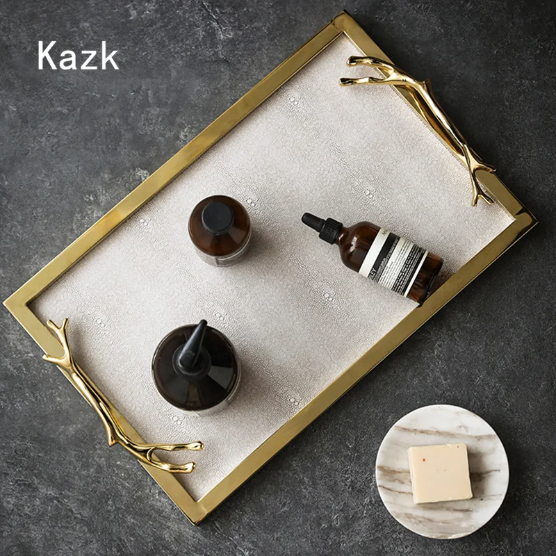 Golden Frame Leather Trays Decorative with Handle Household Wine Set Cup Storage Tray Living Room Decoration Coffee Table Tray