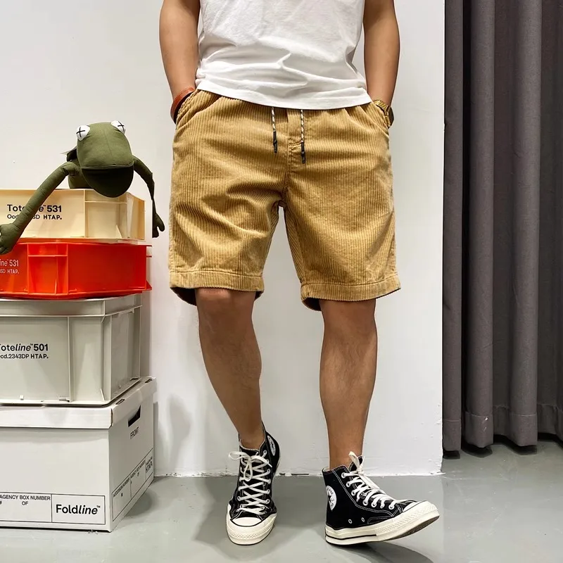 High Quality Corduroy Cotton Quarter Pants for Men Solid Khaki Cargo Pants 2024 Summer Shorts Knee Length Casual Harajuku Blusas