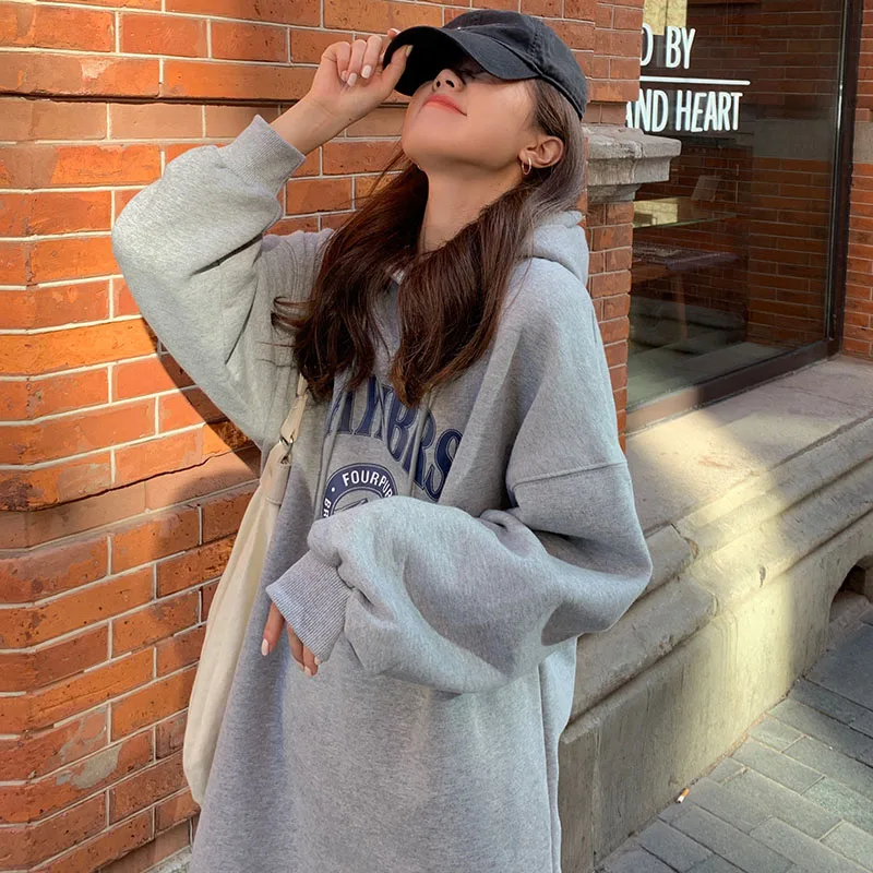 فستان نسائي بقلنسوة من الصوف السميك من Kot طويل فوق الركبة على الطراز الكوري ملابس خارجية غير رسمية مطبوعة للتنقل