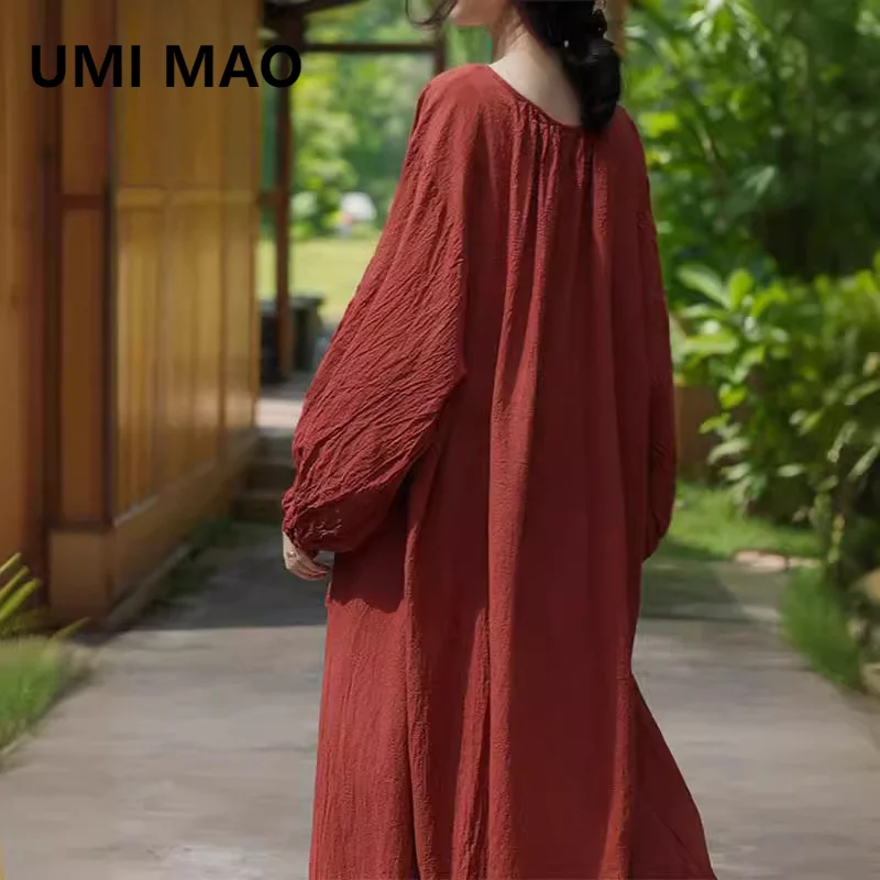 

UMI MAO Dress Women's Spring Hand Wrinkled Robe 80 Thread Count High Density Cotton Bamboo Fiber Lotus Leaf Swing Dress