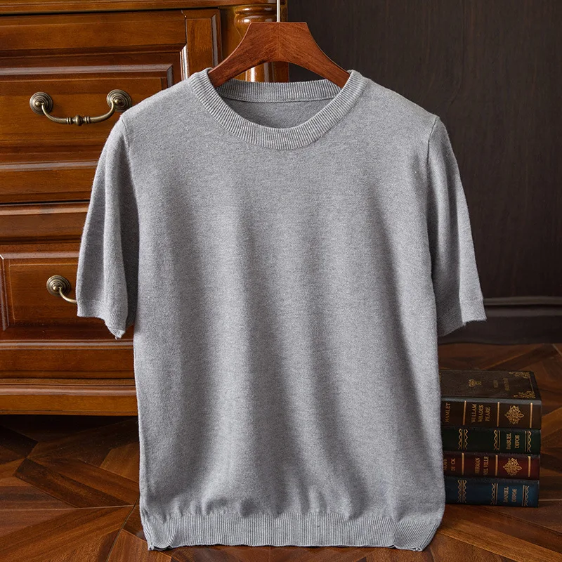 Superfine Wool T Shirt Men\'s Knitted O-neck Breathable Cashmer Short Sleeve Tee Solid Color Tops