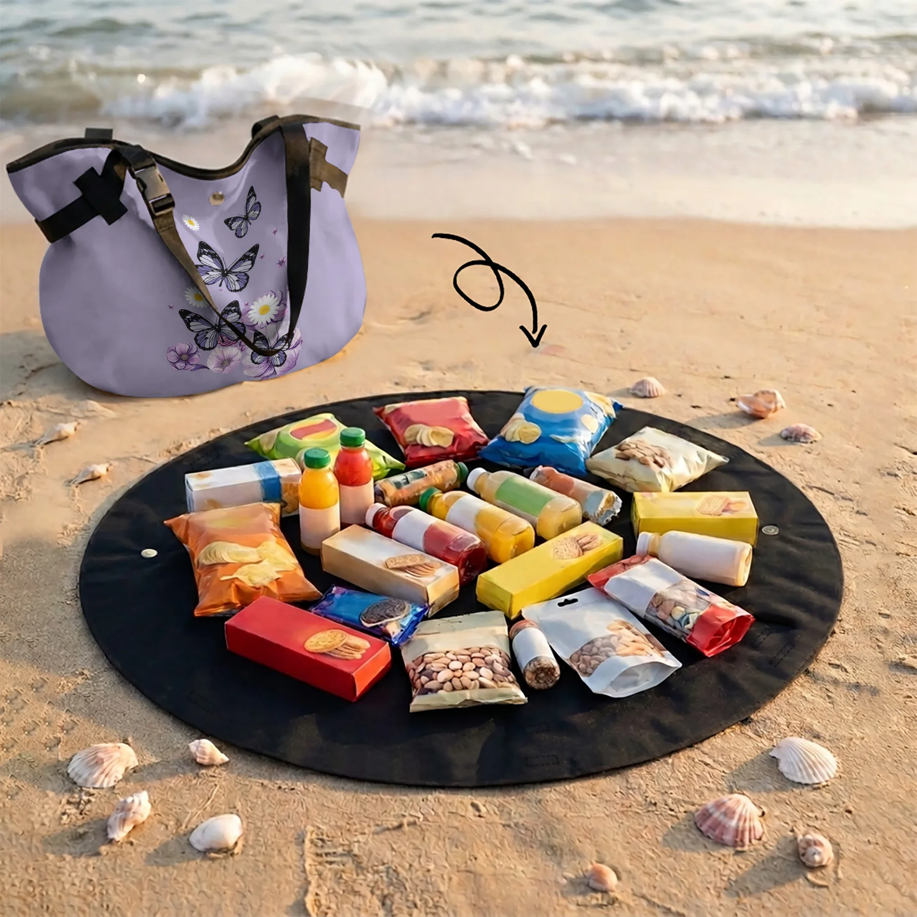 Lavender Butterfly Daisy Floral Print 2 In 1 Tote Bag, Convertible Round Picnic Mat Shoulder Bag For Beach Camping Travel