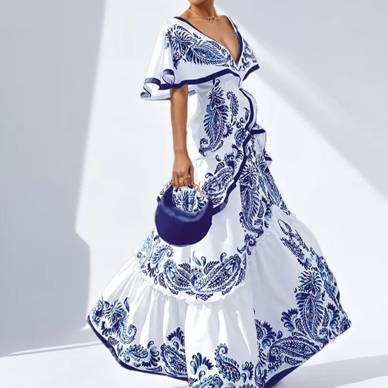 

Women's Dress V-neck Waist-cinching Large Swing Print 2026 Spring New Women's Elegant Fashion Pastoral Style A-line Dress