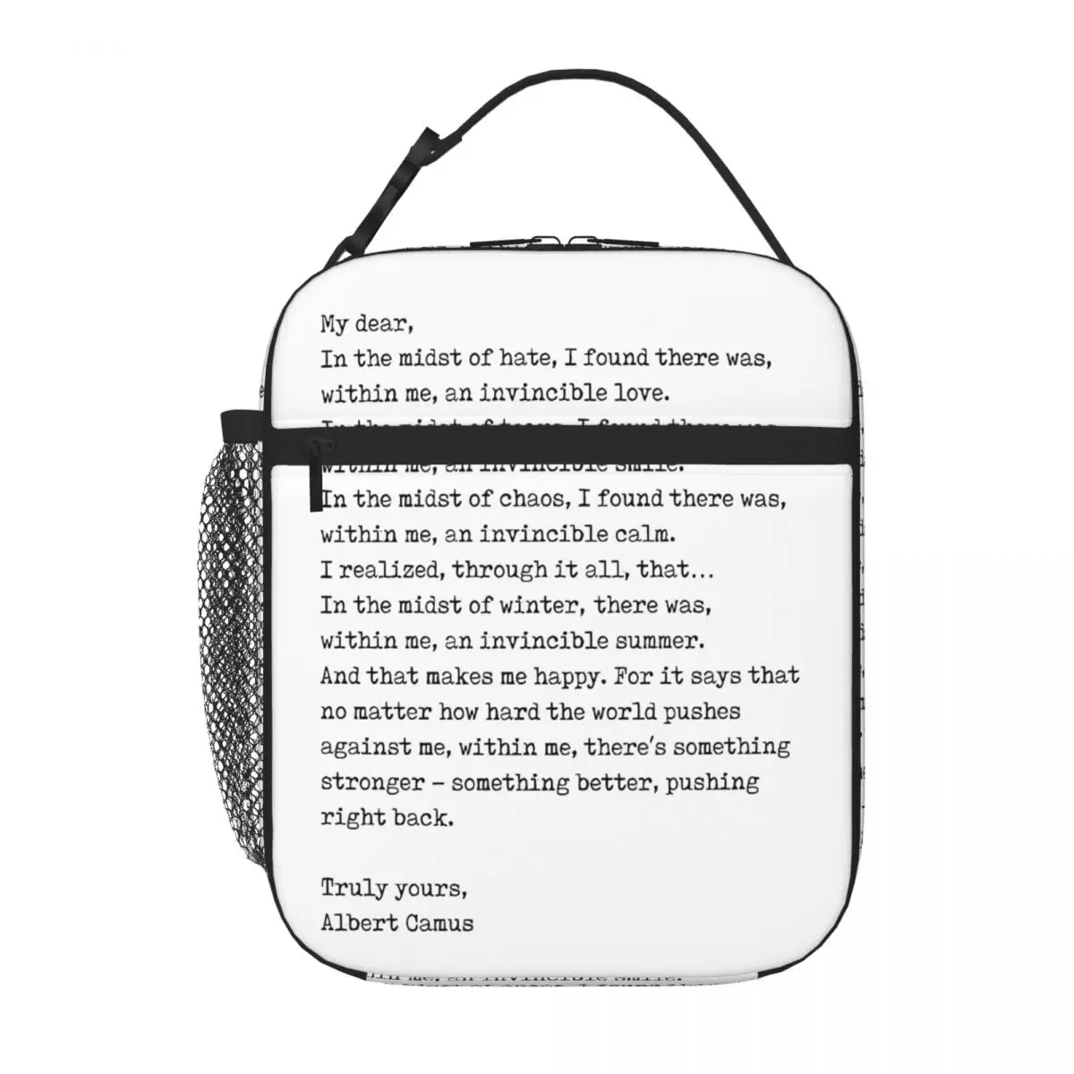 Bestselling Albert Camus Quote Invincible Summer Breathable Design Lunch Carrier Balanced Diet Pack Cooler Lunch Bag