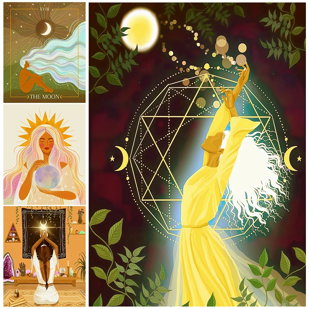 

The witchcraft of the moon witch vintage wall art canvas painting Beautiful Long Hair Witch art poster and print home decor