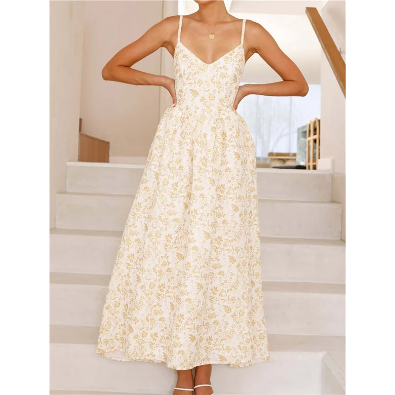 A09P Womens 2025 Summer Maxi Dress Sleeveless Floral Smocked Boho Beach Long Dress