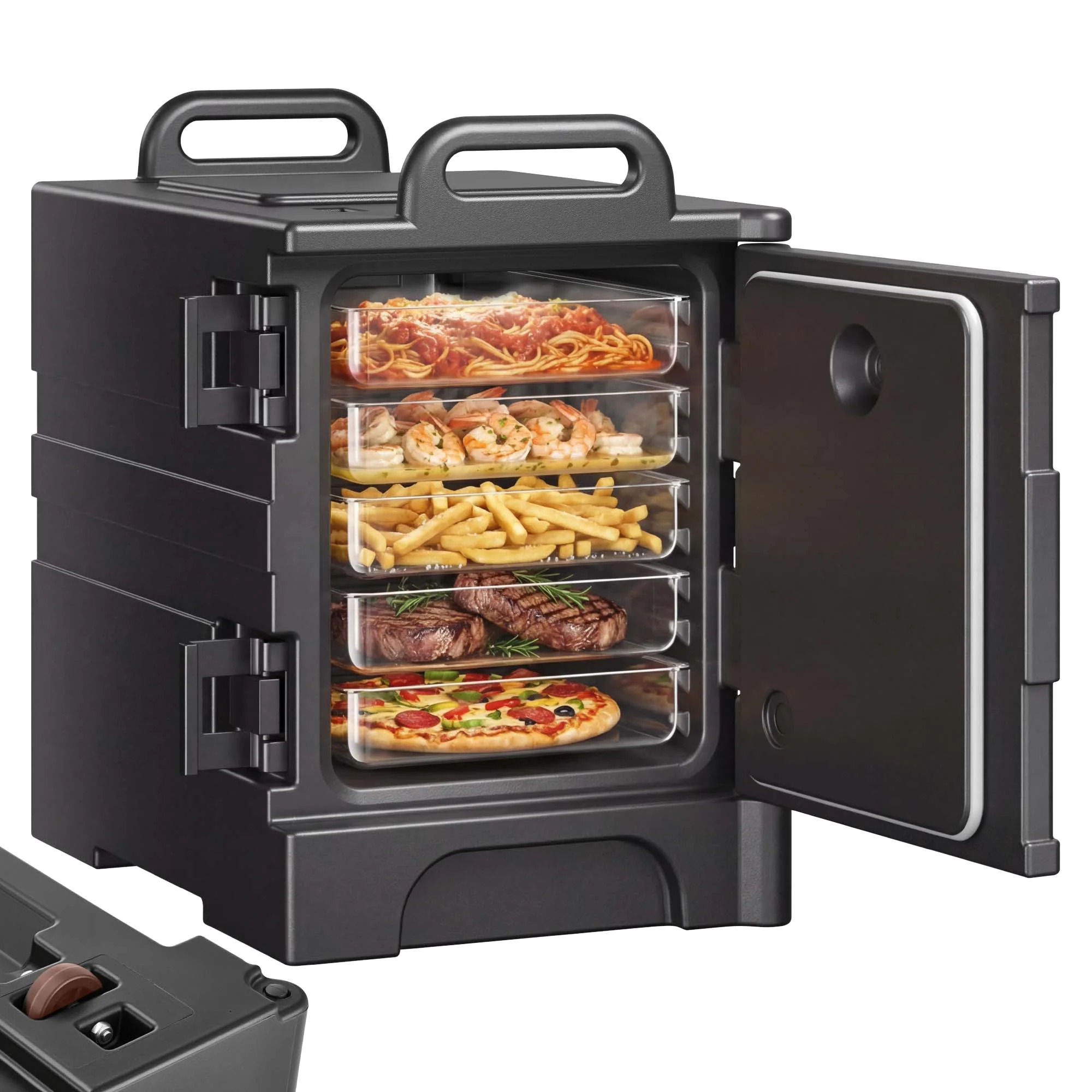 Insulated Food Pan Carrier, 81 Qt Hot Box for Catering, Food Box Carrier with Double Buckles, Front Loading Food Warmer with Handles, Stackable End Loader for Restaurant, Canteen