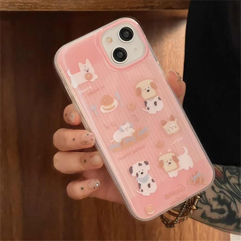 Cute Cartoon Pink Stripe Bread Puppy Cat Phone Case For iPhone 15 14 13 12 Pro Max INS Korean Animal Bumper Back Cover Funda