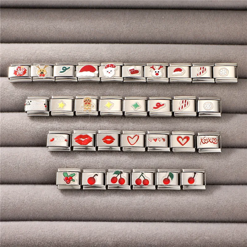 New Red Heart Lips Cherry Sticker Italian Charm Links Fit 9MM Fashion Bracelet Stainless Steel For Women Men Jewelry DIY Gift