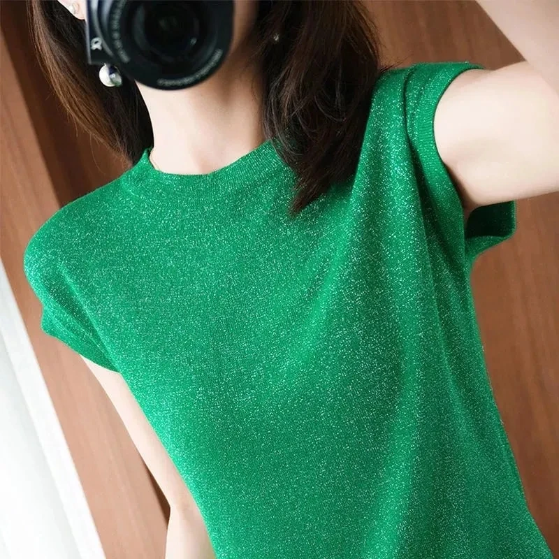 

Summer New Korean Fashion Bright Silk Short Sleeves Casual Thin Crew Neck Ice Silk Knit Sweatersolid Color Fashion Women'S Top