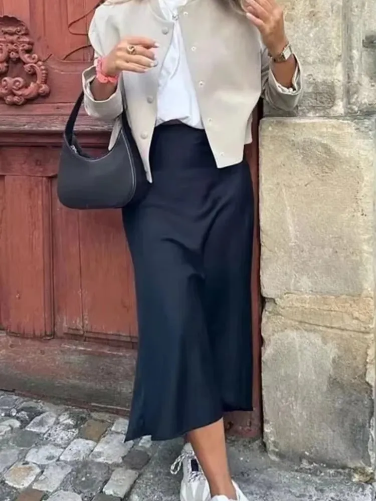 TRAFZA Women Fashion Vintage Solid Skirt Satin Slim Elastic Waist Midi Skirts Office Lady Wear Elegant Woman Chic Mermaid Skirt