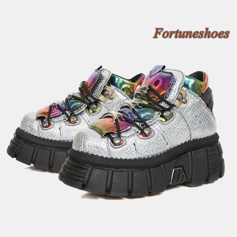 

Cross Tied Rivet Women Shoes Patchwork Metal Decoration Mixed Color Height Increasing Shoes Round Toe Autumn 2024 Newest Shoes