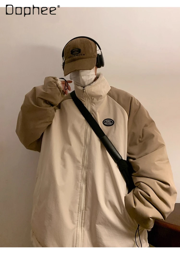 

2025 Winter Men's Reversible Fleece-Lined Thickened Lamb Wool Gray Coat Vintage Loose Apricot Casual Cotton Jacket