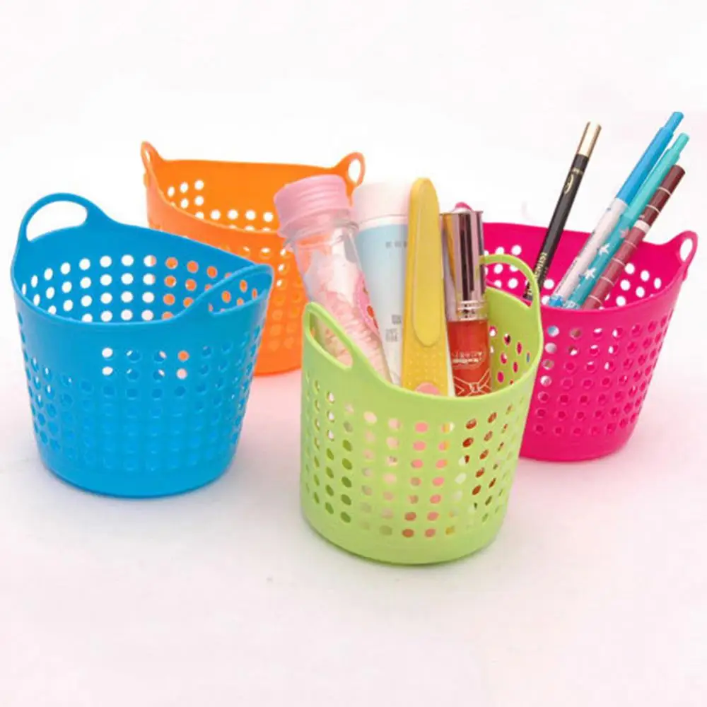 Portable Plastic Pencil Pot Desk Pen Organizer Flower Holder Makeup Brush Container Stationery Storage Basket Cosmetic Organizer