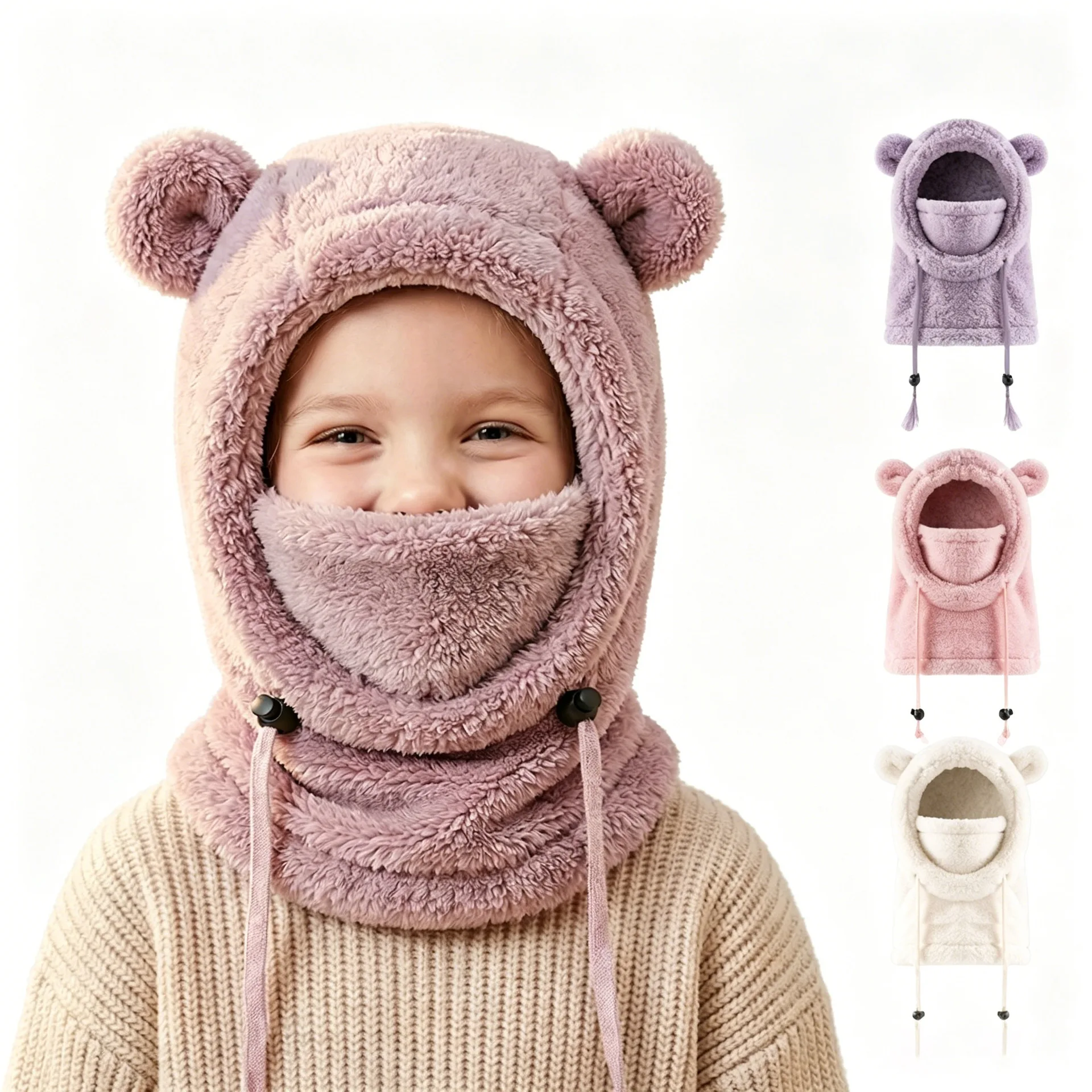 Winter Kids Hat Scarf Mask 3-in-1 Bear Ear Solid Color Hooded Scarf for Boys Girls Casual Outdoor Windproof Kids Headwear