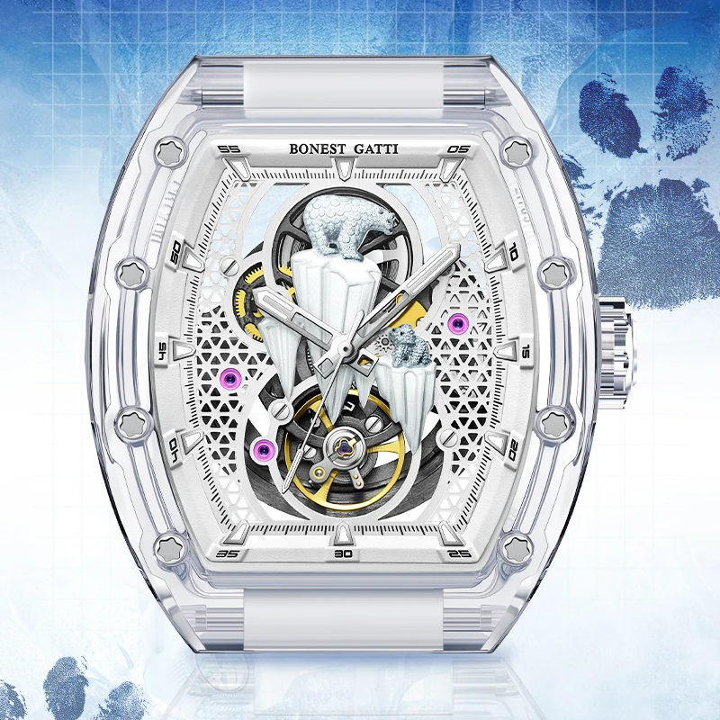 

Мужские механические часы BONEST GATTI с циферблатом «Полярный медведь», корпусом «тонно», скелетонизированным механизмом и прозрачным кристаллическим корпусом