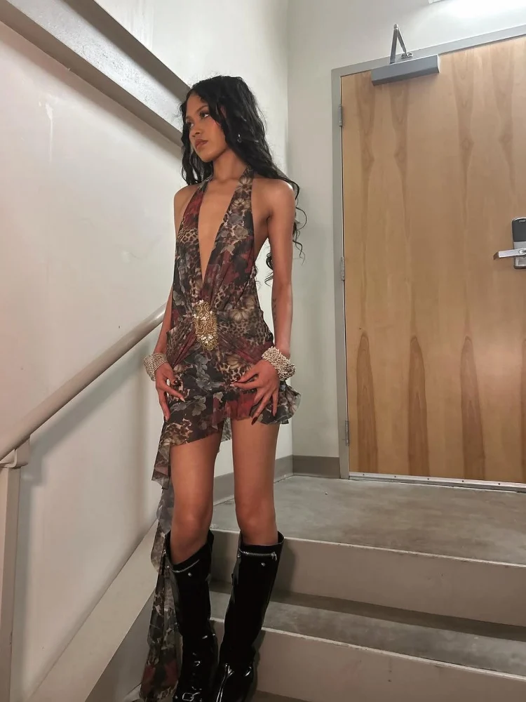 Jaded London Sexy taglio basso V Ne stampato Sa Hanging Ne Bal Dr Stampa floreale retrò da donna Svel Midi Dr