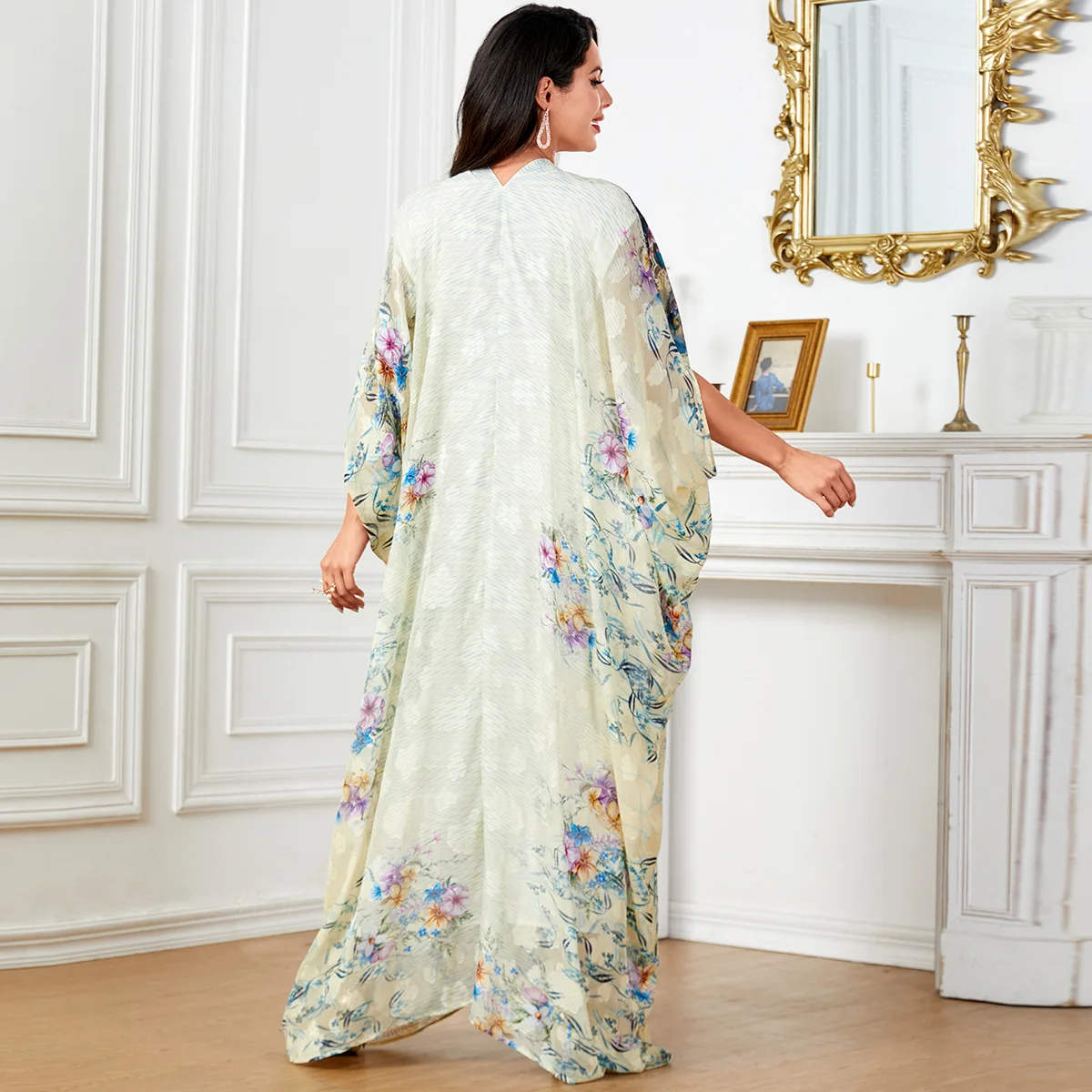 الشرق الأوسط حجم كبير المرأة طويلة Dr V-ne طباعة Batwing Sve عبر الحدود فستان الربيع الصيف Faionable #4