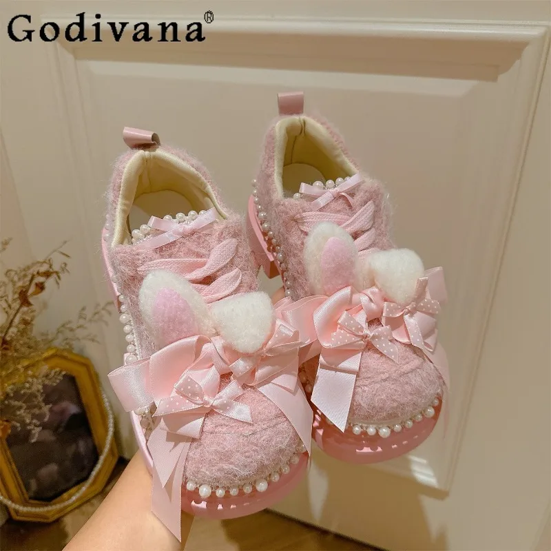 

Pink Height Increasing Thick Soled Chunky Shoes for Women Versatile Sweet Cute Pumps Female Japanese Bowknot Furry Shoes