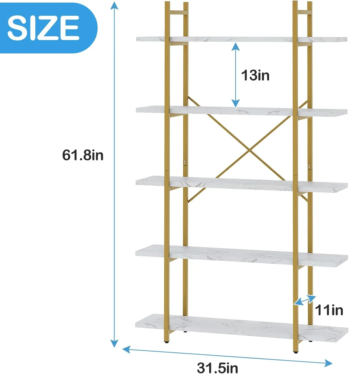 5 Tiers Bookshelf Organizer White Faux Marble Shelf,Modern Open Display Storage Bookcase, and Metal Bookshelf Standing Storage Shelf Tall Shelving Units for Home Office Study