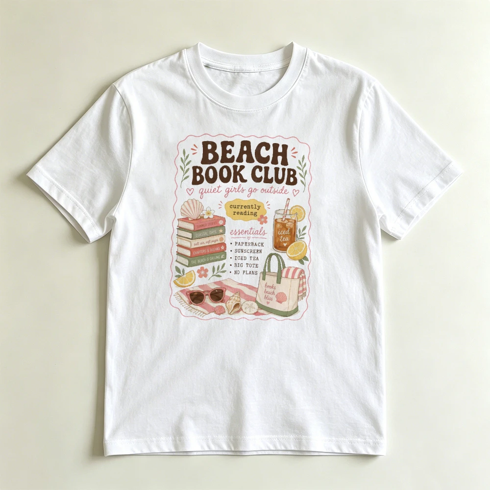 Beach Book Club Book Lover Print Short Sleeve Women Graphic T Shirt Coastal Reading Summer Vacation Casual Ladies Daily Tops