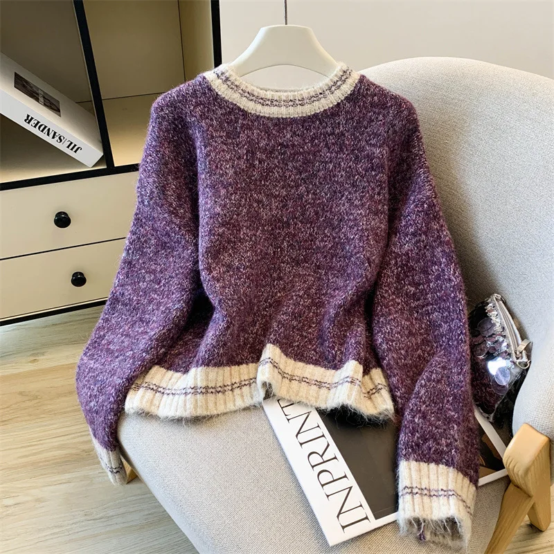 

Women's New Retro Color Contrasting Sweater Spring Autumn New Style Small Loose Lazy Round Neck Thicken Knitted Pullover Top