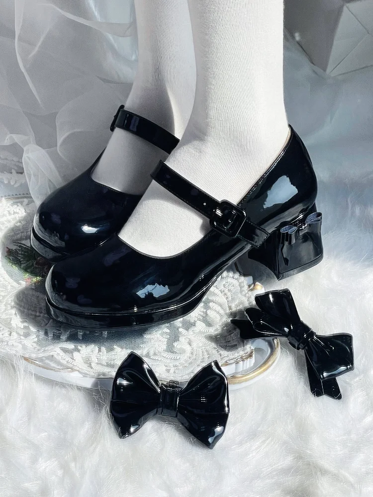 Japanese Sweet Lolita Original High Heel Shoes Round Toe Platform Thick Heel Bow Elegant Women\'s Shoes
