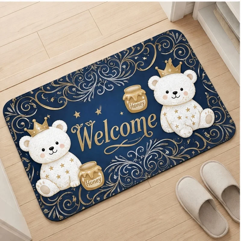 Welcome Bear Doormat, Crown Bear Honey Jar Print Entry Mat, Dark Blue Porch Home Decor