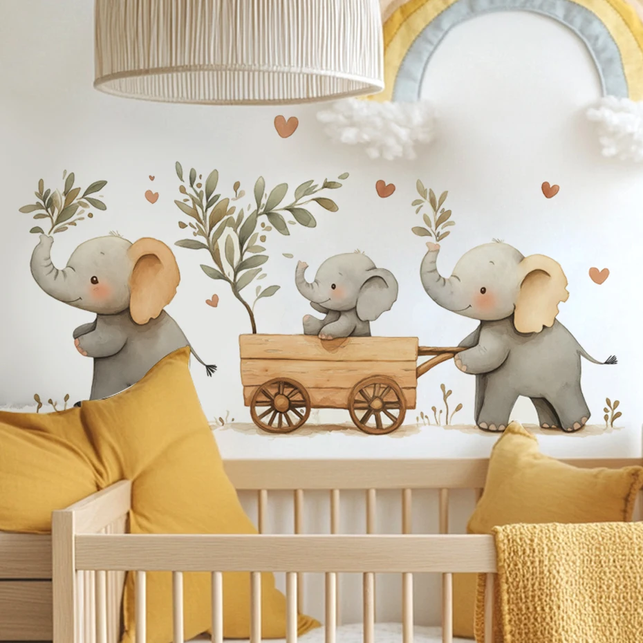 ملصقات حائط على شكل قلب على شكل فيل لطيف على شكل كرتوني لغرفة الأطفال وغرفة النوم والحضانة بألوان مائية لتزيين المنزل