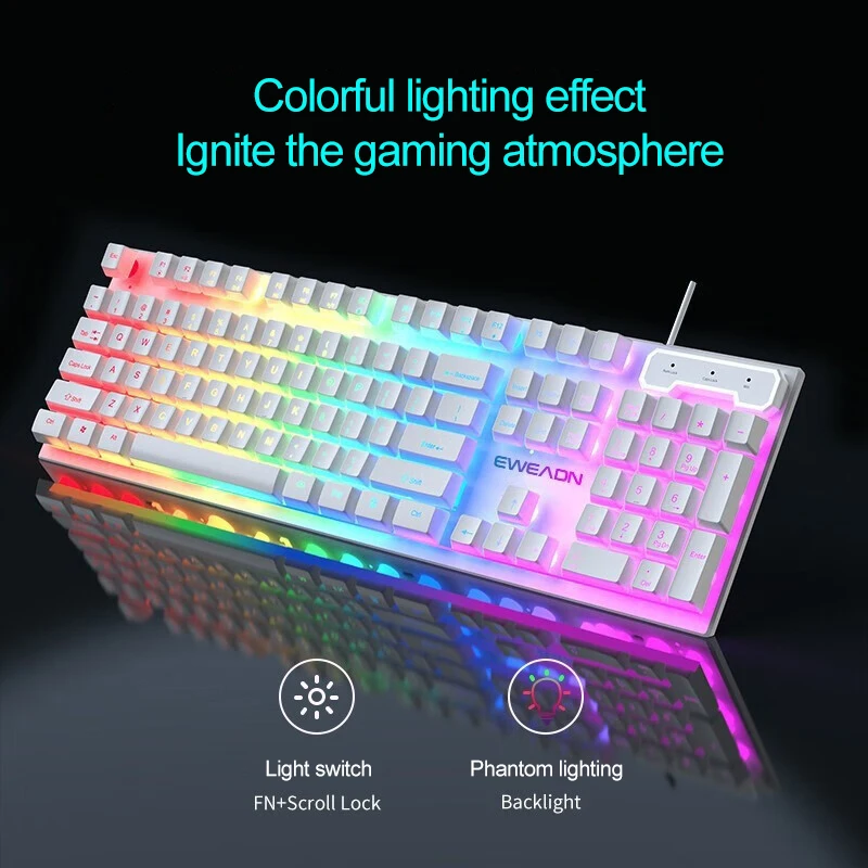 EWEADN Wired Gaming Keyboard Silent, 104 Keys Full Size LED Rainbow Backlit Mechanical Feel Keyboards, for Windows Laptop PC