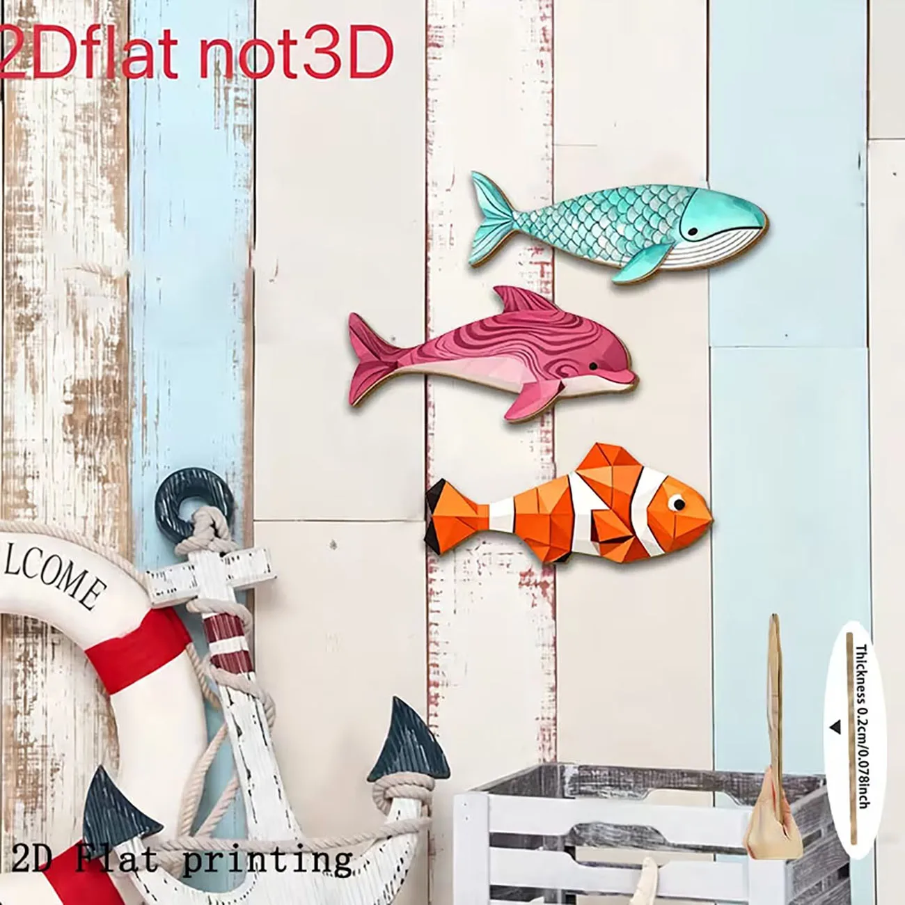 3Pcs Whale Dolphin Clownfish Wooden Wall Stickers Double Sided Nano Tape No Drill 2D Flat Print Coastal Wall Decor
