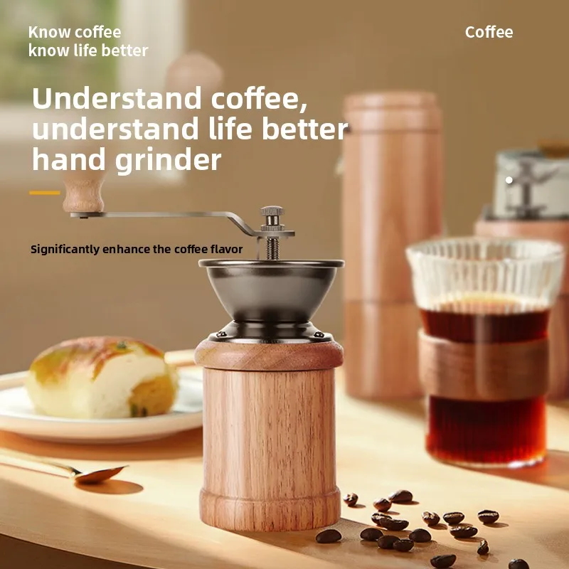 Vintage Wooden Manual Coffee Grinder, Hand Crank Burr Mill Portable Retro Coffee Bean Grinder