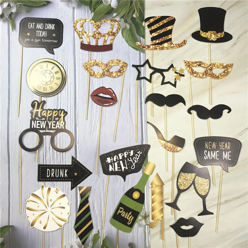 22Pcs Happy New Year Photo Booth Props 2026 New Year Party Handheld Photobooth Props Merry Christmas Anniversary Home Supplies