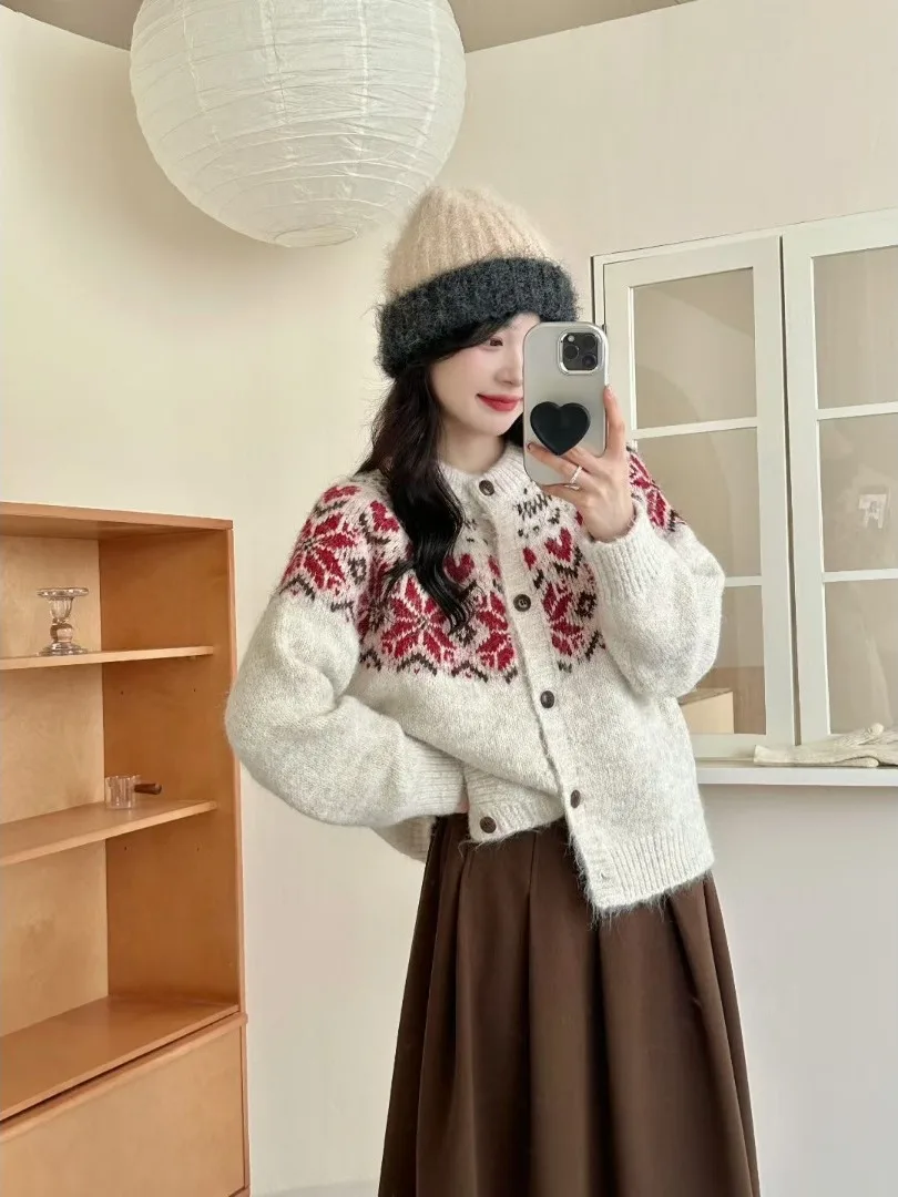 

Вязаный свитер в стиле ретро Fair Isle, женский осенне-зимний новый свободный вязаный открытый кардиган, топ