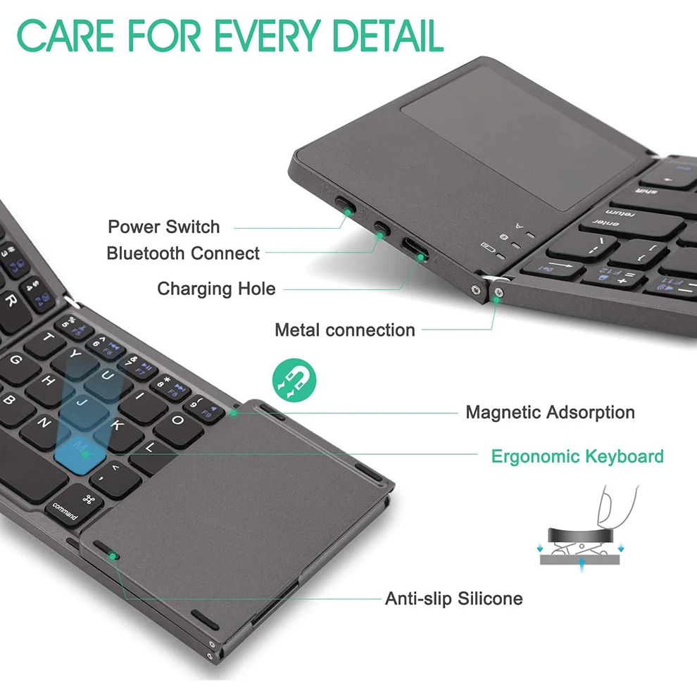 Ultra Slim Foldable Bluetooth Keyboard with Touchpad Wireless Rechargeable Pocket Folding Keyboard for Tablet Laptop